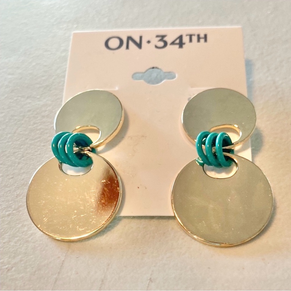 Gold and Green Two-Tiered Earrings with Geometric Design, NWT - Picture 2 of 5